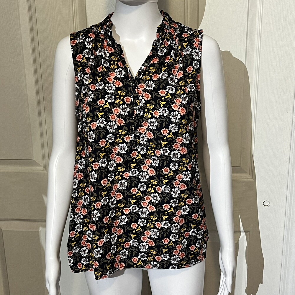 Ann Taylor LOFT Top Womens Floral 1/2 Button Sleeveless Rayon Blouse